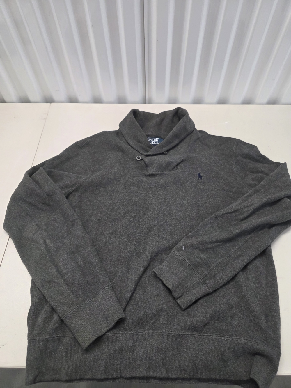 Polo Ralph Lauren Sweater Mens Large Gray Shawl Button Neck Pullover Long Sleeve